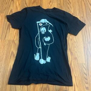 Black Matter Black Tee with Cat and Grim Reaper Graphic